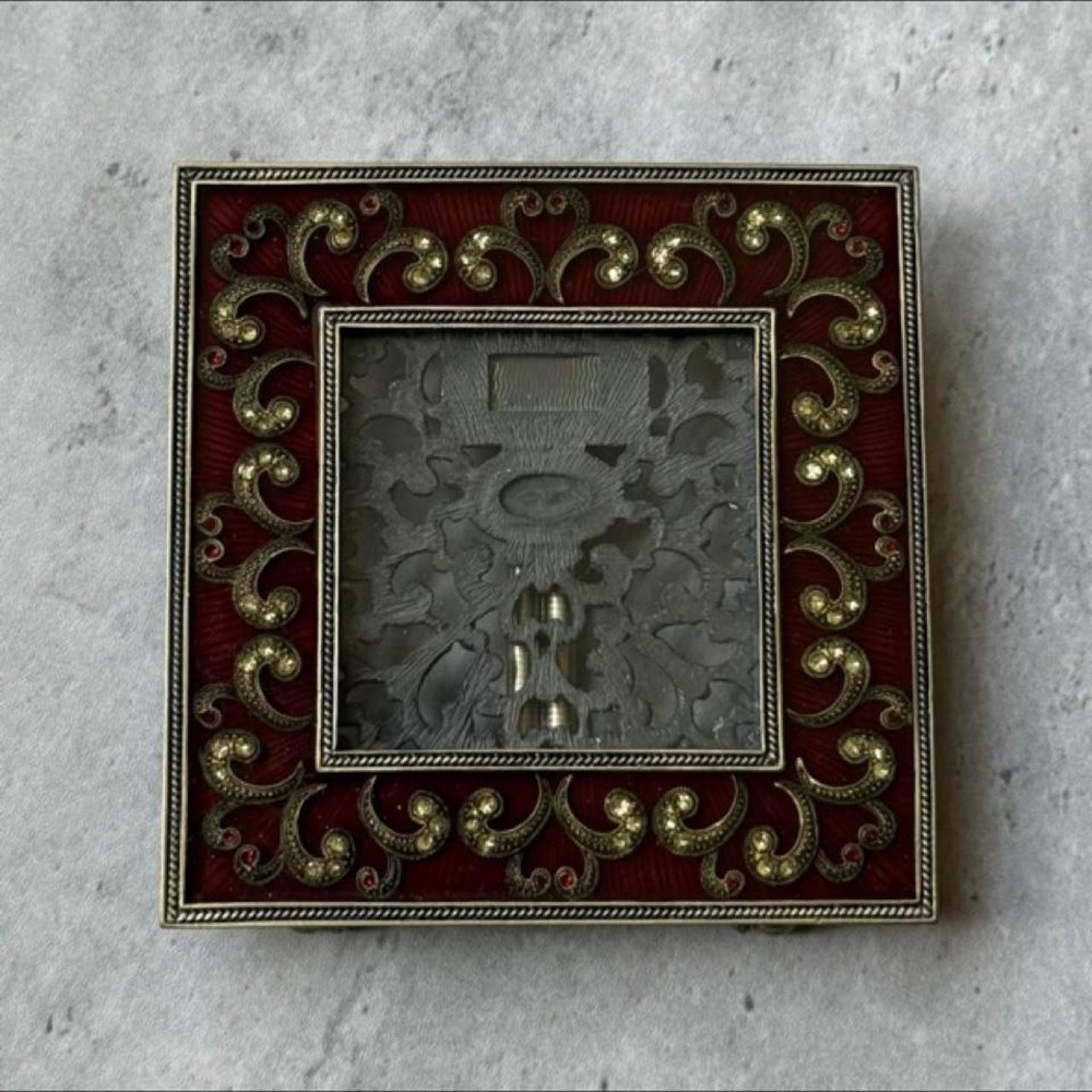 Tizo Ornate Red Enamel and Crystal Square Picture Frame Gold Tone Filigree